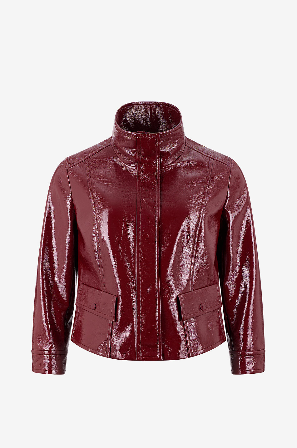 AKRIS PUNTO Short funnel neck jacket in glossy crinkle-effet faux leather Women DARK RED 1