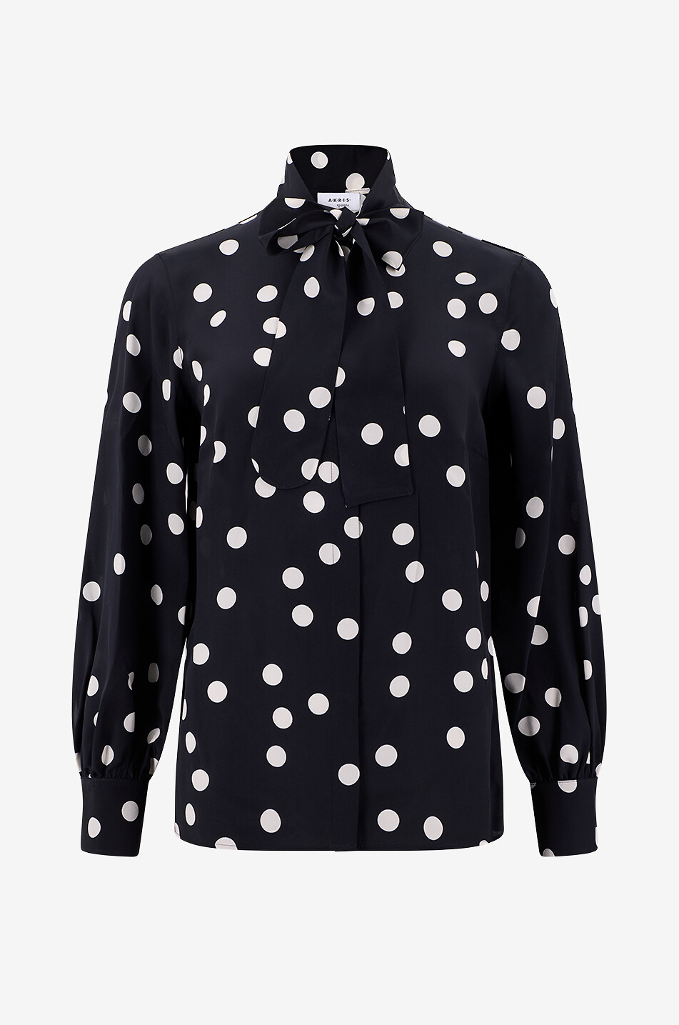 Polka dot printed puff sleeve silk blouse with necktie