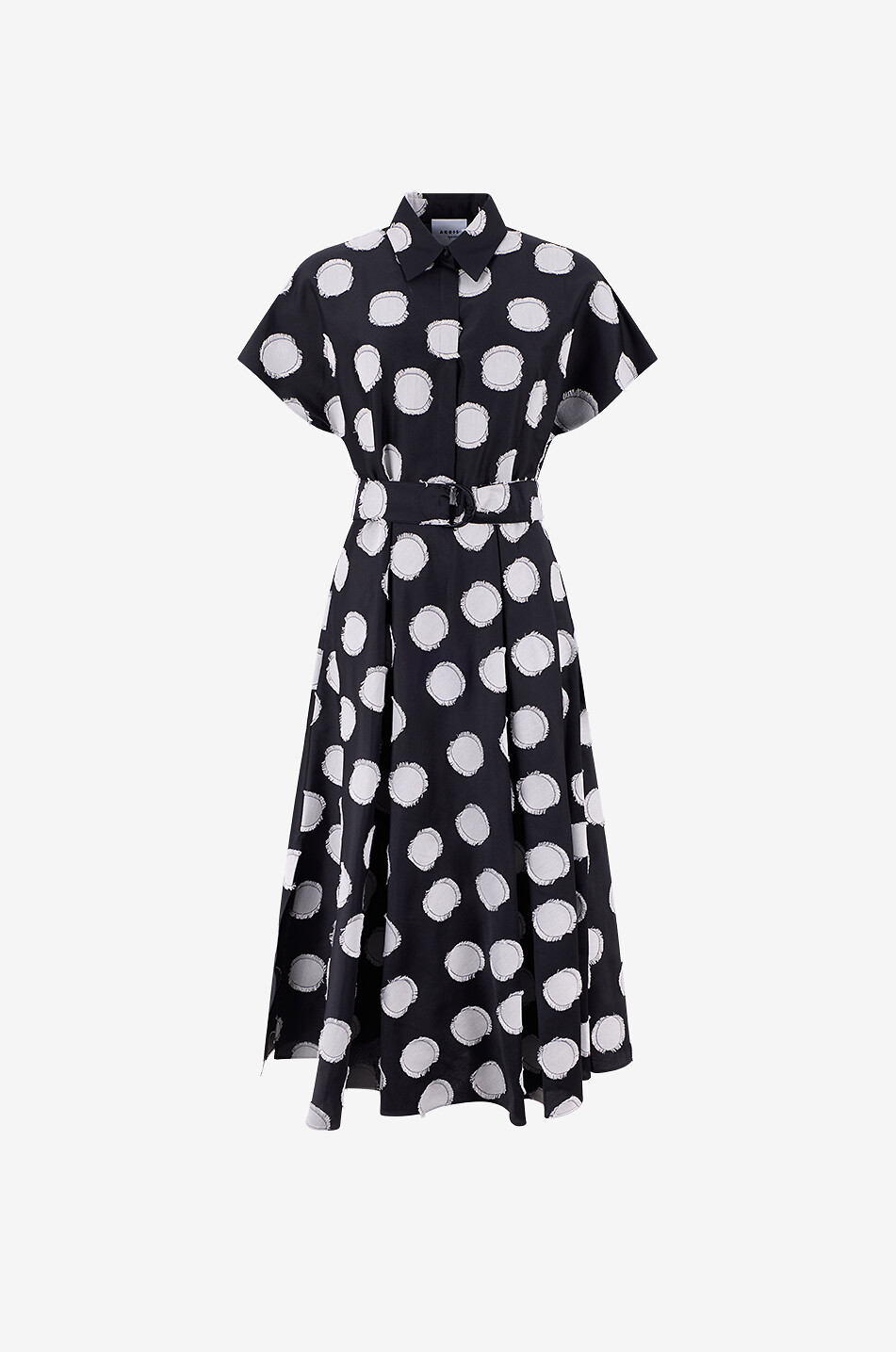Short-sleeved midi shirt dress in fringed polka dot jacquard