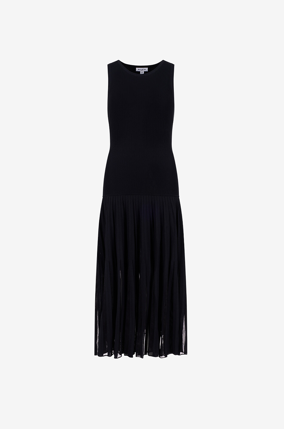Sleeveless midi knit dress with sheer pleating