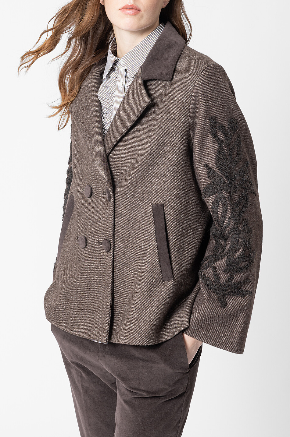 YC MILANO Double-breasted embroidered wool blend blazer Women DARK BROWN 6