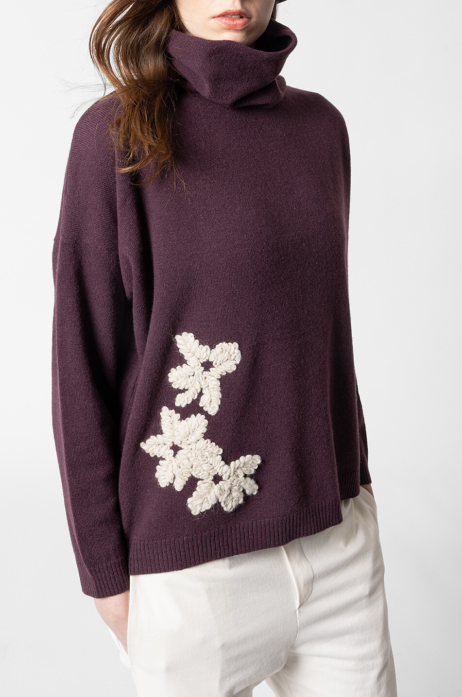 YC MILANO Pull à col montant en laine brodé de fleurs Femme ROUGE FONCÉ 6