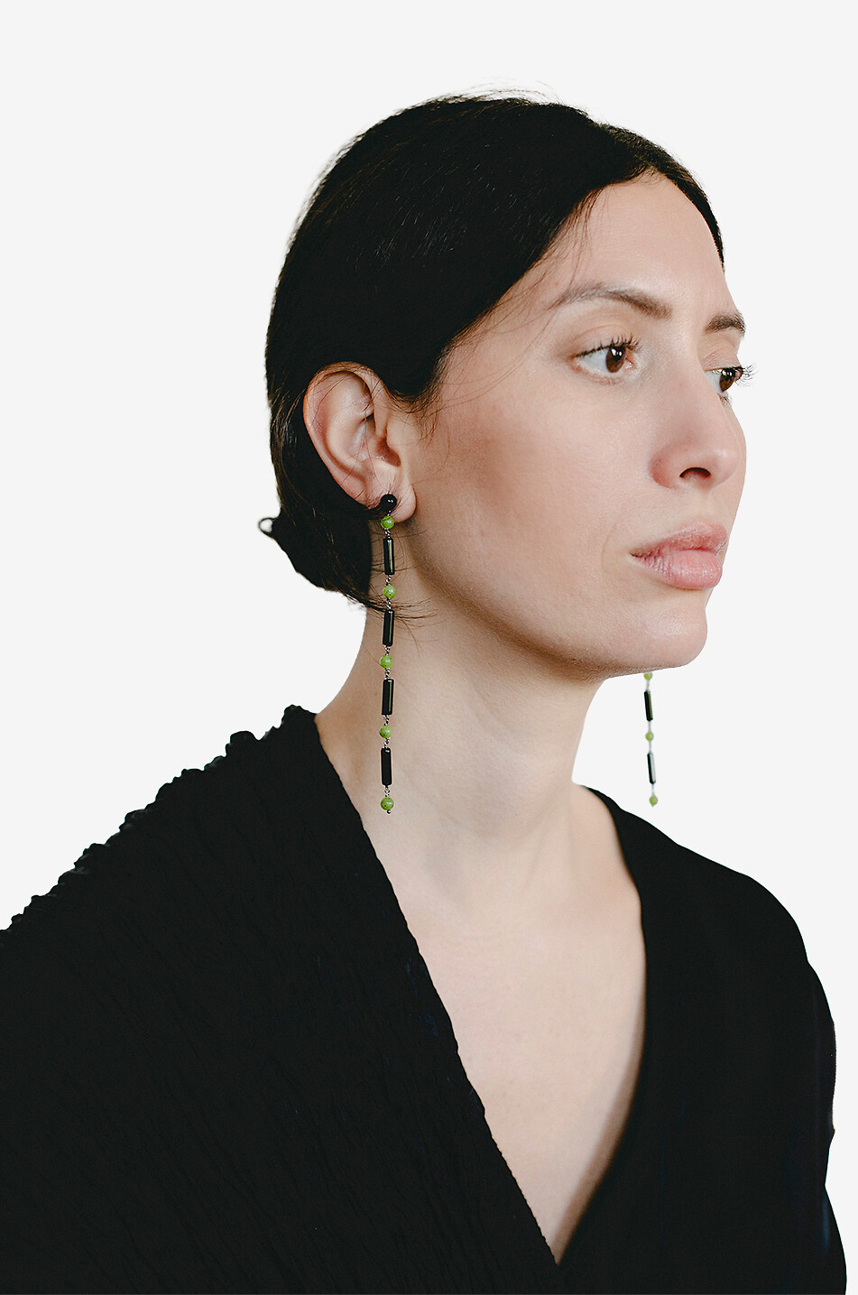 Boucles d'oreilles pendantes en onyx et jade Jackie