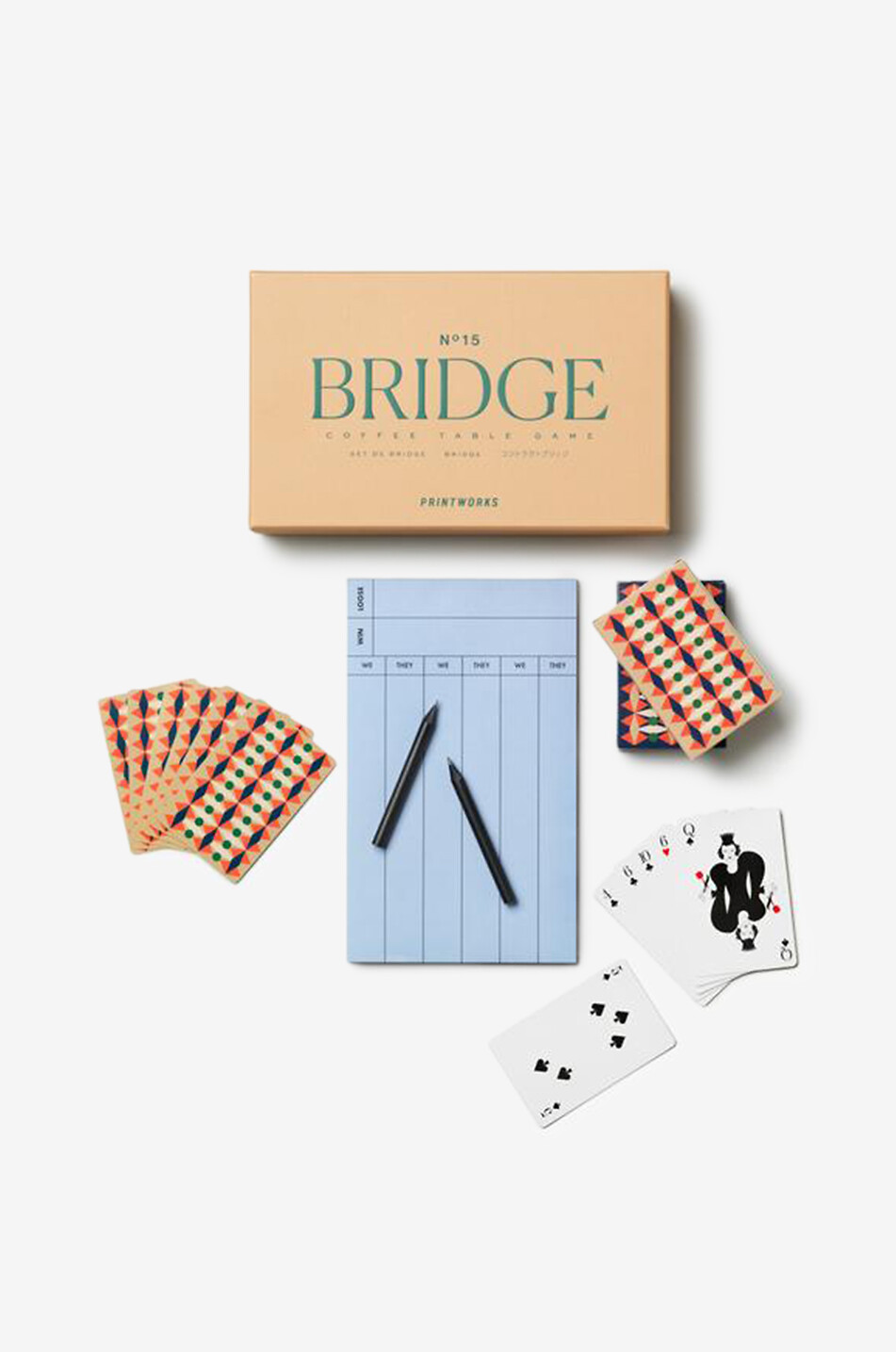 PRINTWORKS Jeu de bridge avec cartes à motifs géométriques et bloc-notes Maison ORANGE 2