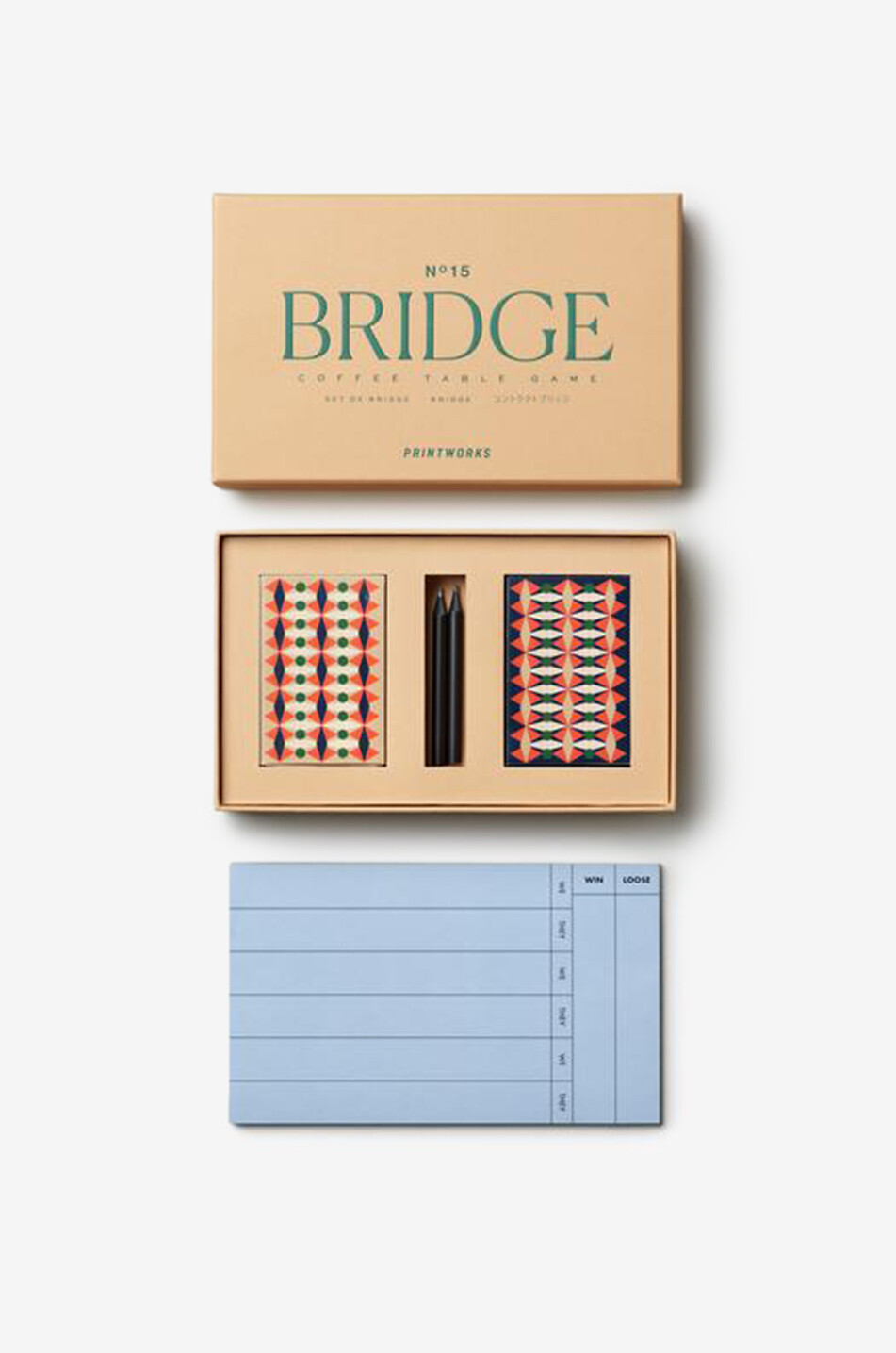 PRINTWORKS Jeu de bridge avec cartes à motifs géométriques et bloc-notes Maison ORANGE 4