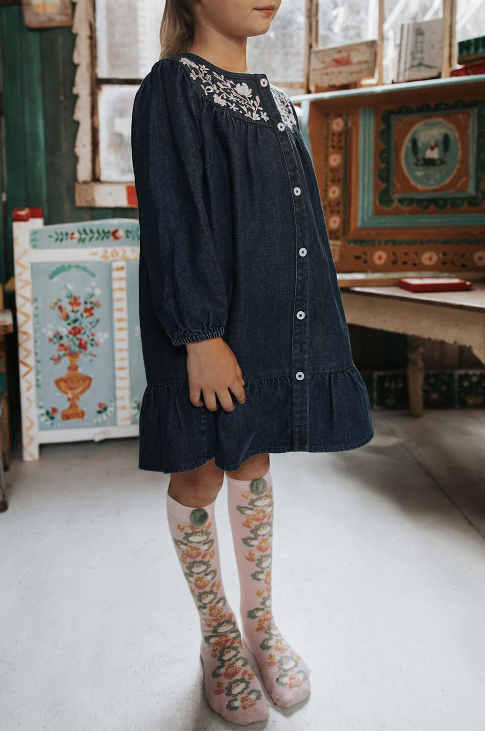 LOUISE MISHA Massilou girl's embroidered denim dress with puff sleeves Girl DARK BLUE 2