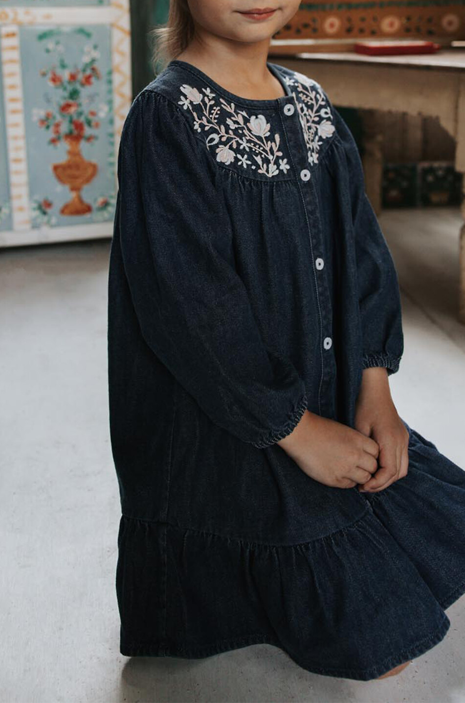 LOUISE MISHA Massilou girl's embroidered denim dress with puff sleeves Girl DARK BLUE 3