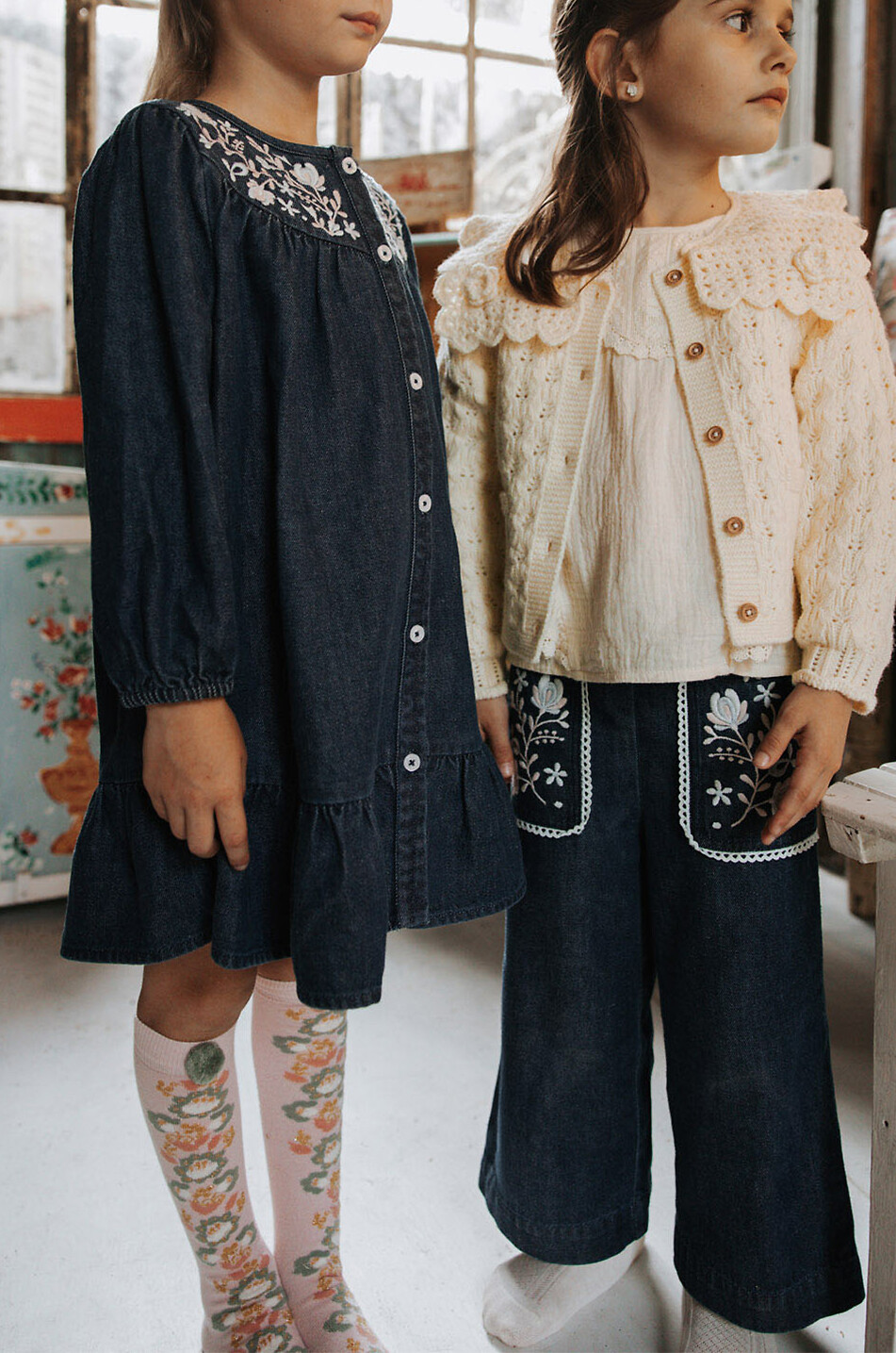 LOUISE MISHA Massilou girl's embroidered denim dress with puff sleeves Girl DARK BLUE 4
