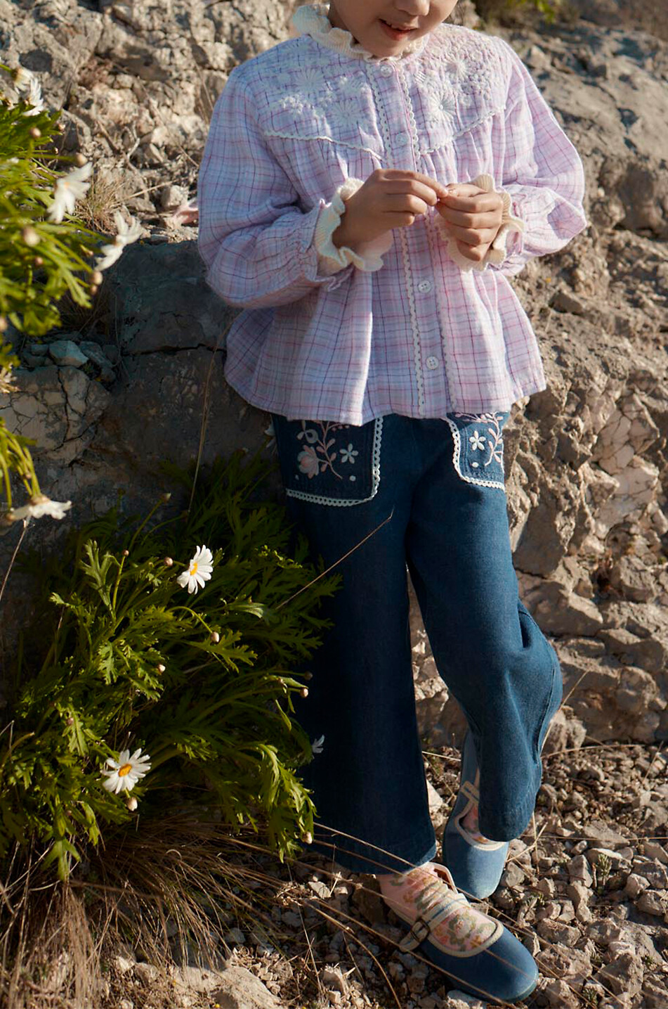 LOUISE MISHA Pantalon droit brodé en daim fille Flofi Fille BLEU FONCE 4