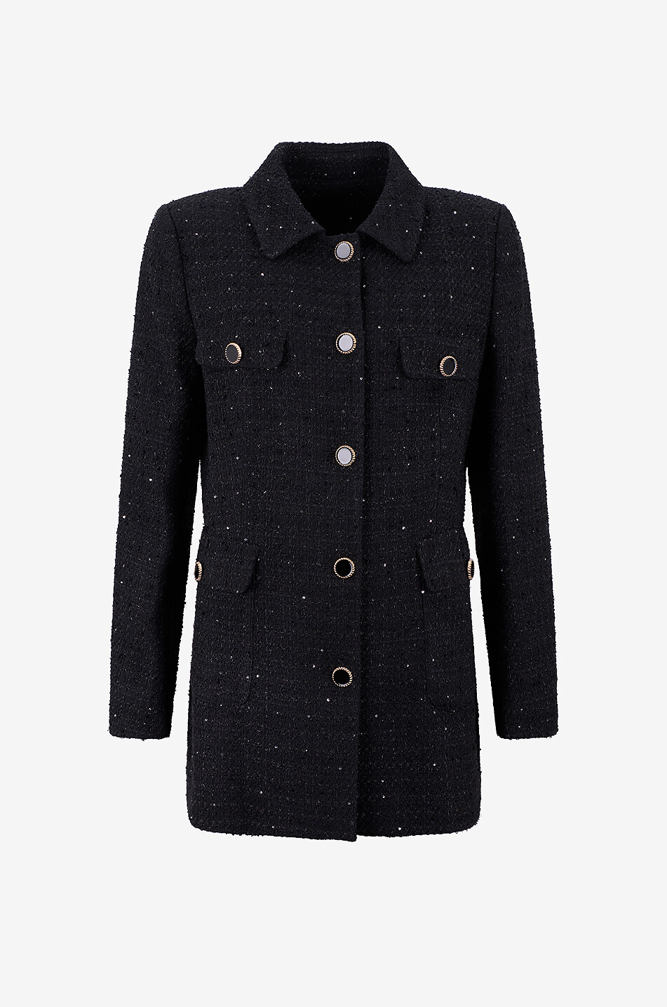 Langer Tweed-Blazer mit Pailletten und Hemdkragen