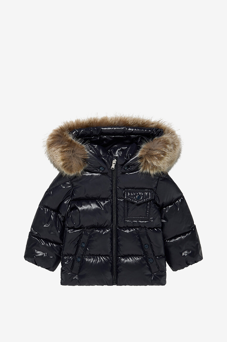 MONCLER K2F boys' glossy nylon down jacket with faux fur-trimmed hood Boy DARK BLUE 1