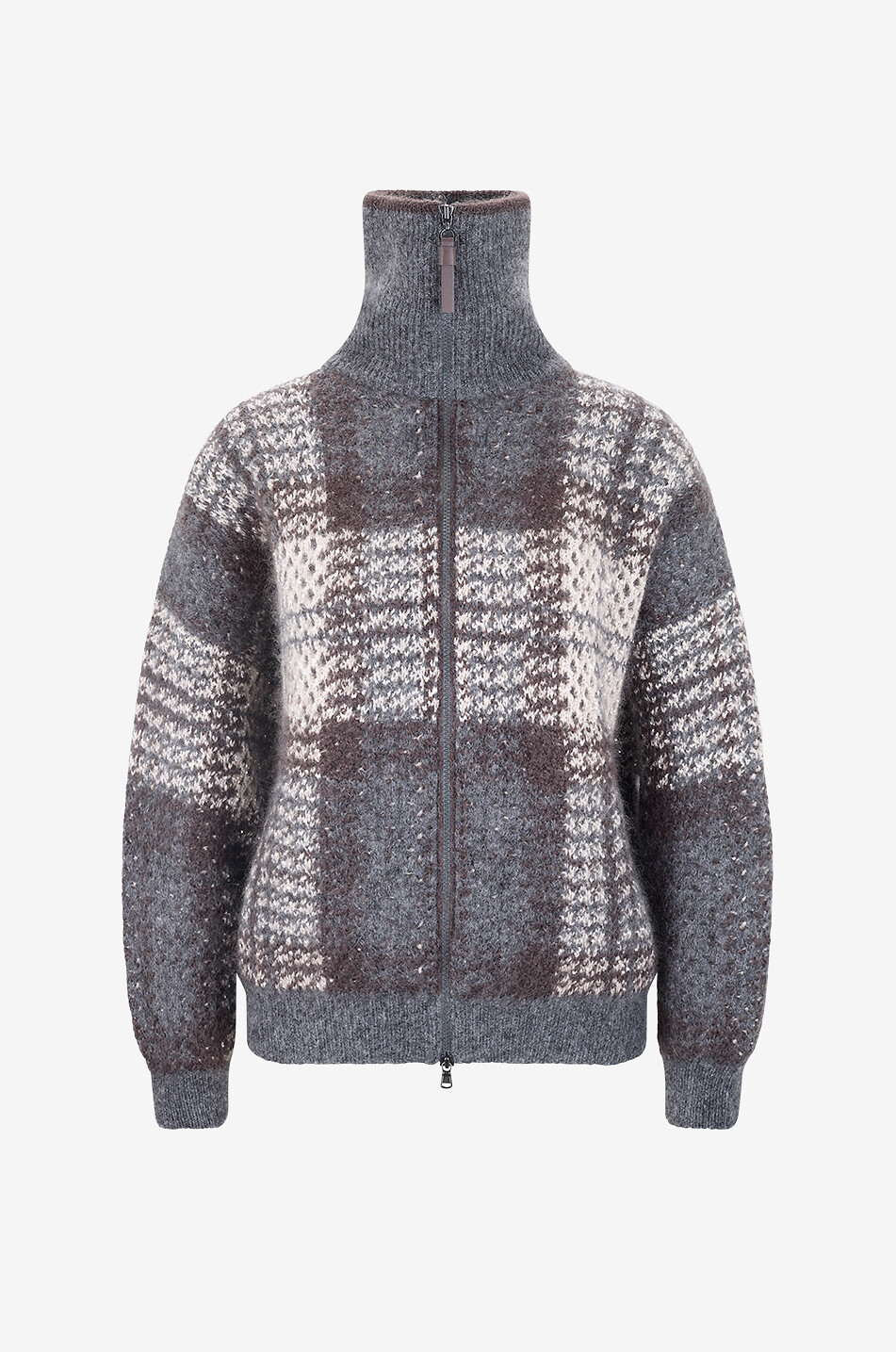 BRUNELLO CUCINELLI Checked zip-up stand collar lightweight checked knit jacket Women GREY 1