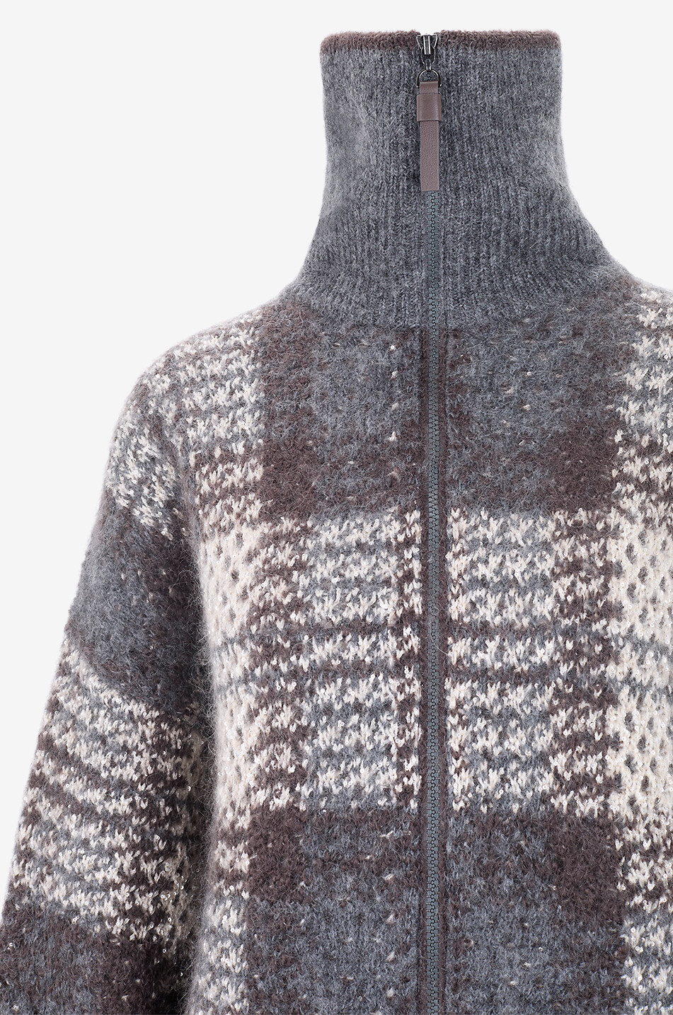 BRUNELLO CUCINELLI Checked zip-up stand collar lightweight checked knit jacket Women GREY 3