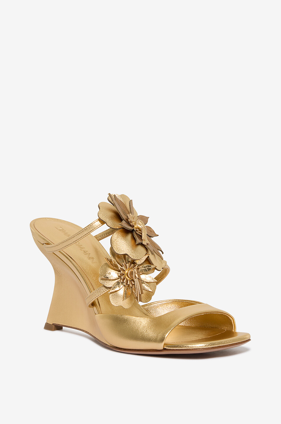Sandale à talon compensé en cuir métallisé à fleurs Belara 85