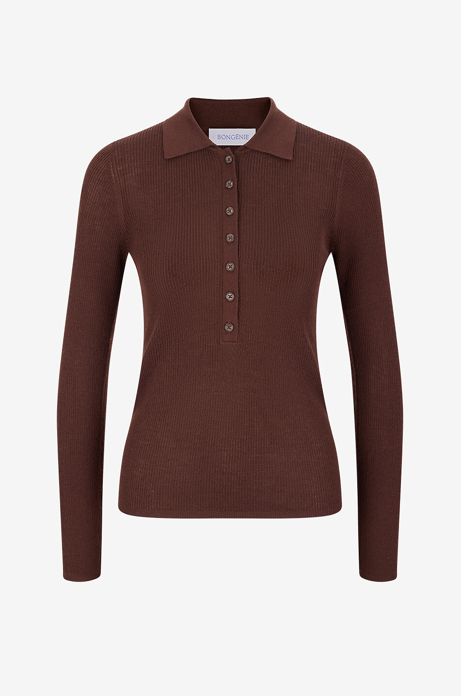 BONGÉNIE Pull à col polo en laine mérinos à manches longues Femme MARRON 1