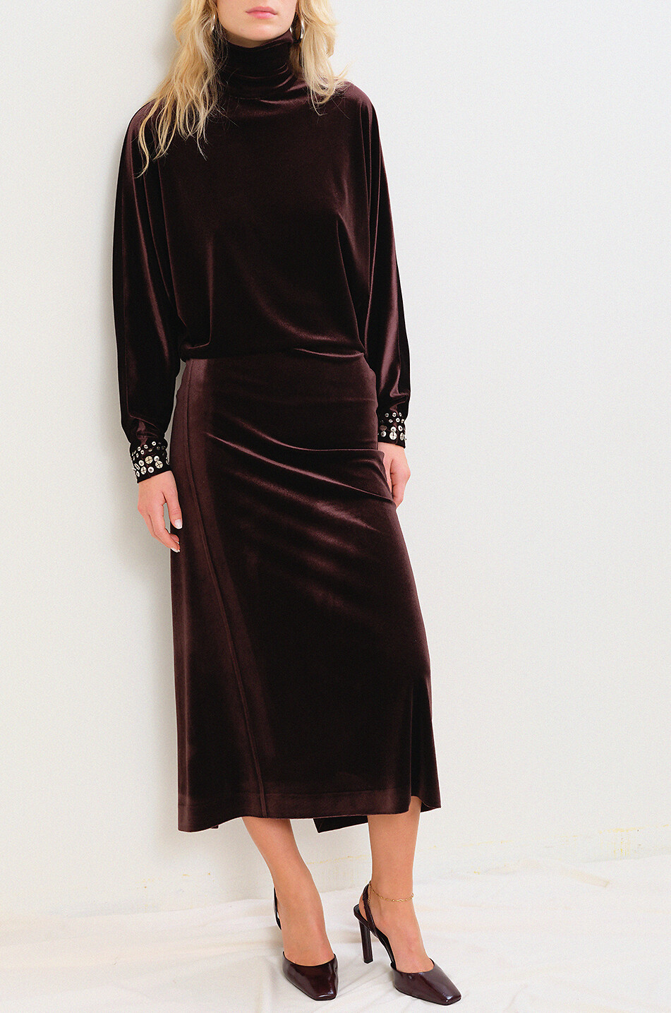 SIEDRÉS Anette long velvet embroidered pearl-beaded high-neck dress Women BROWN 3