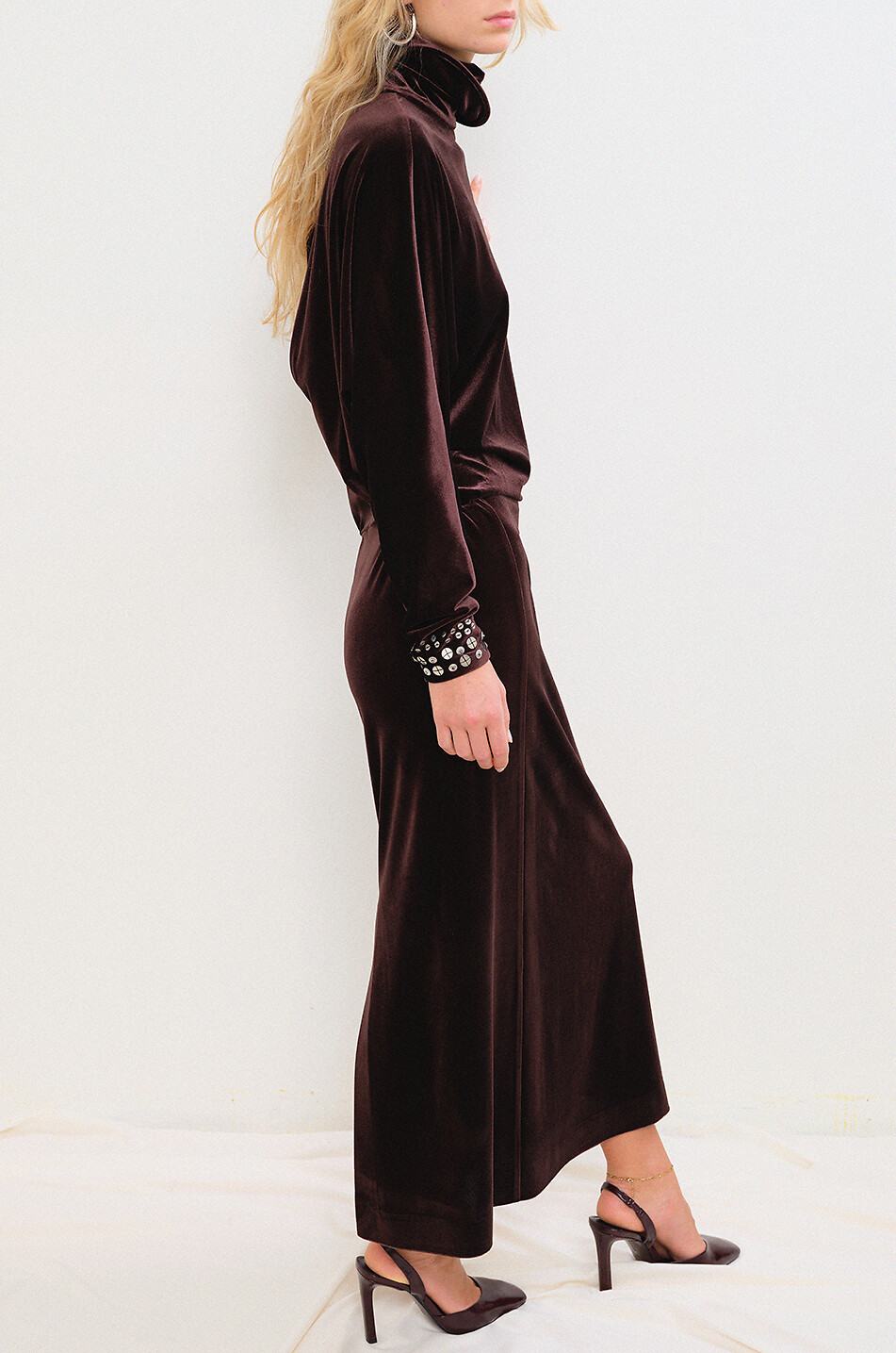 SIEDRÉS Anette long velvet embroidered pearl-beaded high-neck dress Women BROWN 4