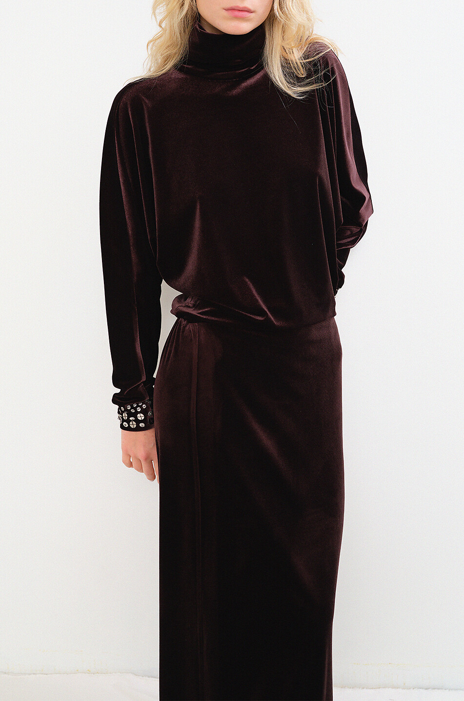 SIEDRÉS Anette long velvet embroidered pearl-beaded high-neck dress Women BROWN 5