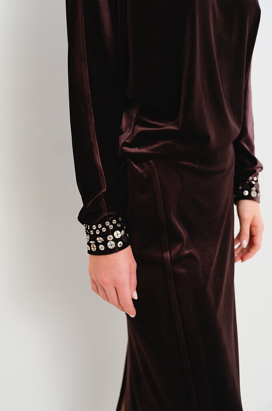 SIEDRÉS Anette long velvet embroidered pearl-beaded high-neck dress Women BROWN 6
