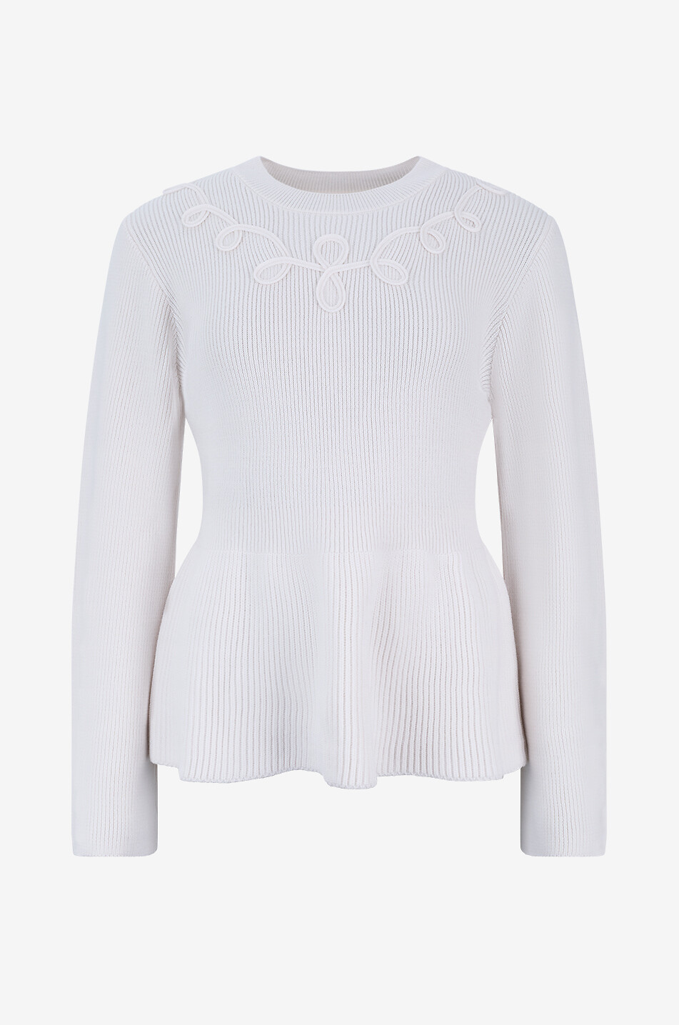Pull peplum à col rond brodé en laine mérinos Rosa
