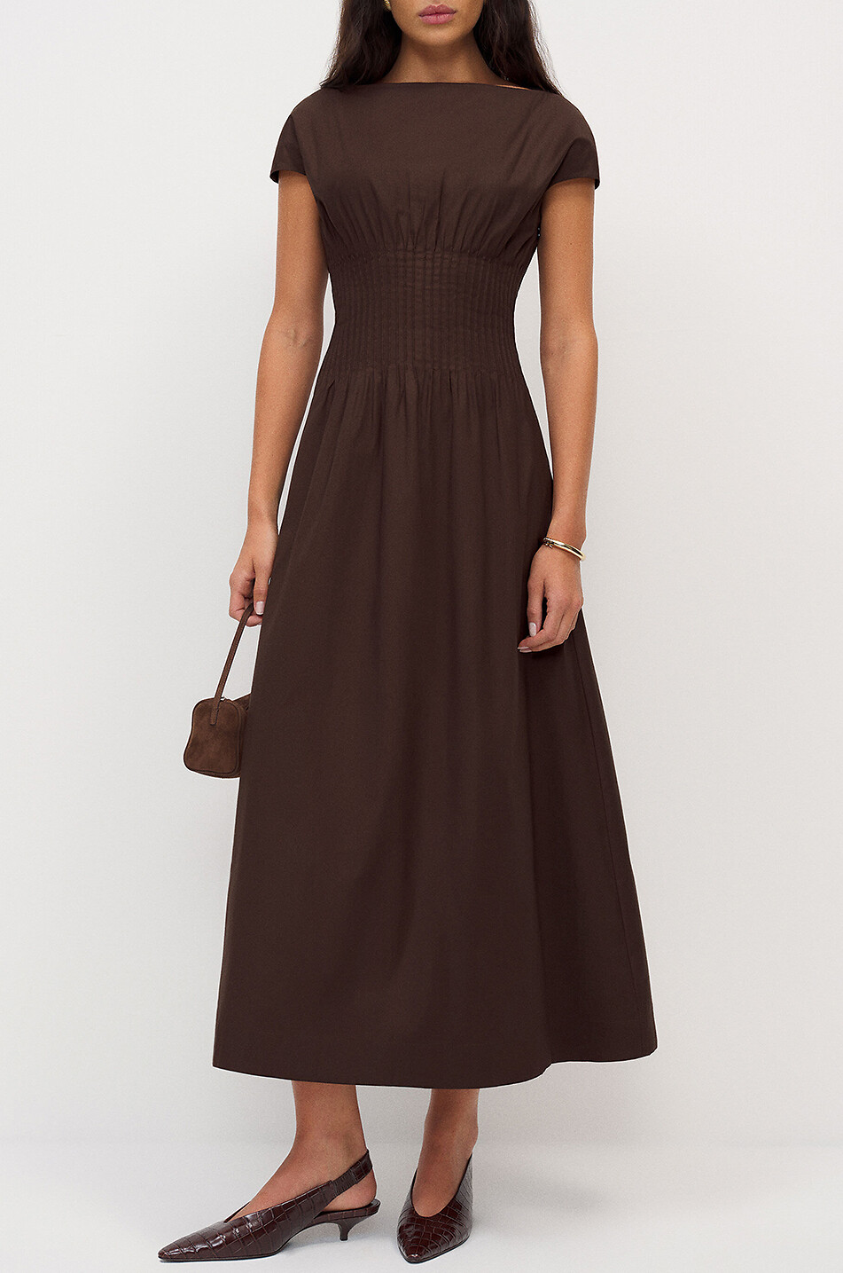 Aintana cotton smocked midi dress with boat neck - REFORMATION - BROWN