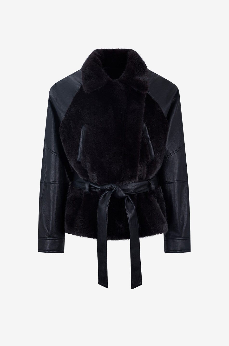 BONGENIE Kurze Jacke aus Kunstleder und Kunstpelz mit Gürtel Damen SCHWARZ 1