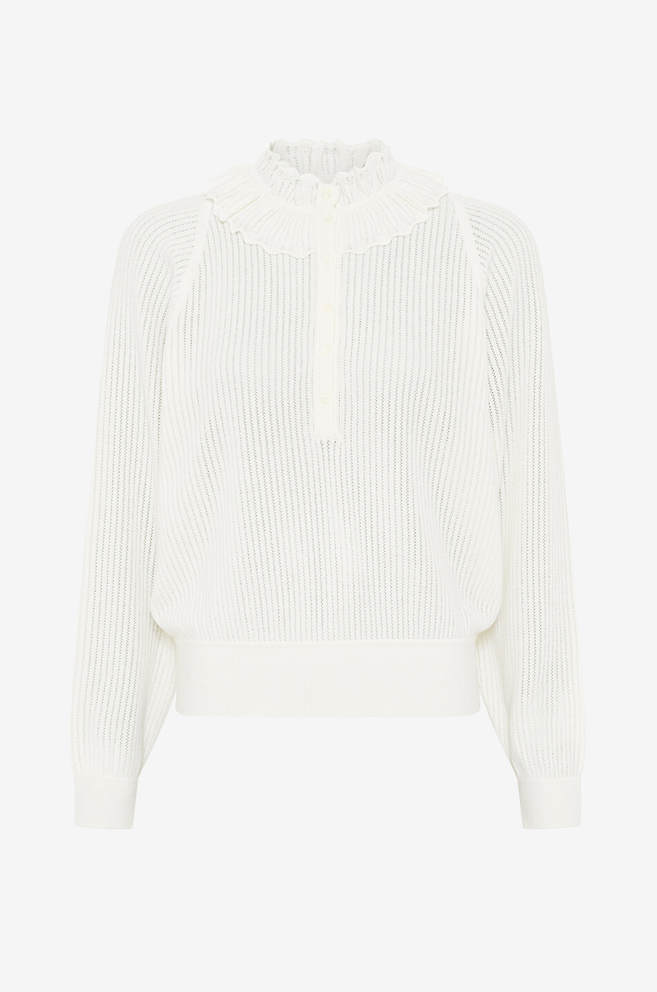 MOLLI Pull en maille à col à volant en laine vierge mélangée Feuille Femme BLANC CASSE 1