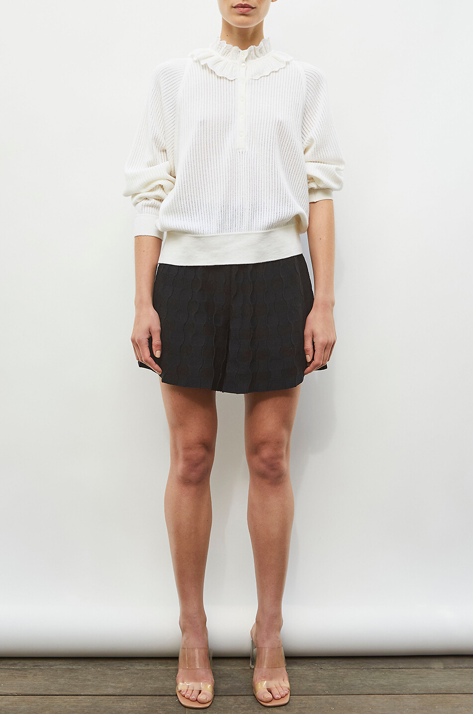 MOLLI Pull en maille à col à volant en laine vierge mélangée Feuille Femme BLANC CASSE 2