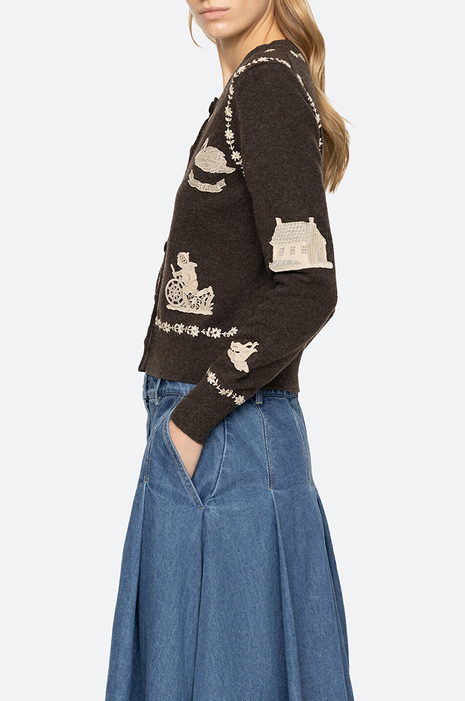 SEA Bestickter Cardigan mit Rundhalsausschnitt aus Wolle Margeurite Damen DUNKELBRAUN 5