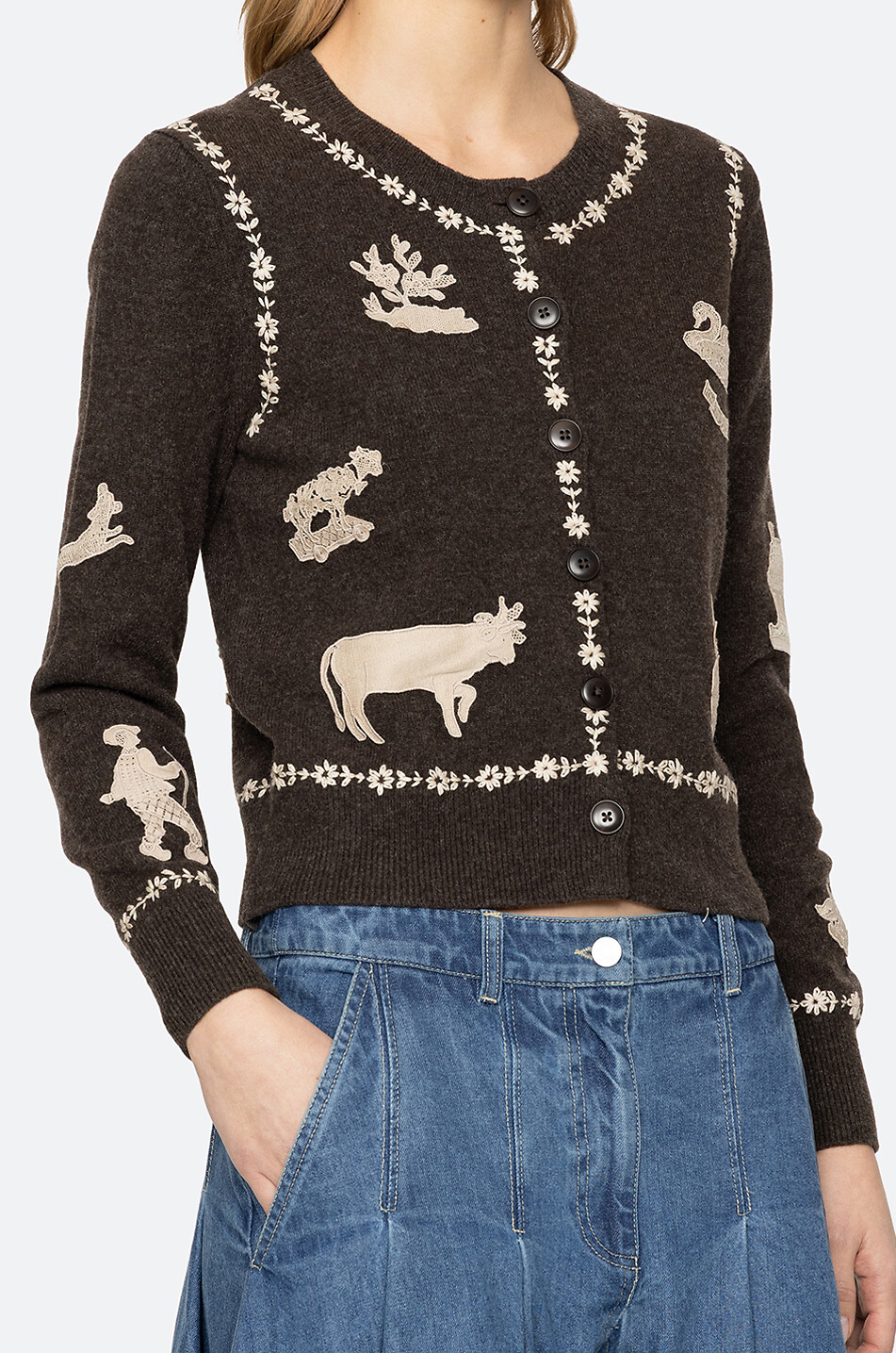 SEA Bestickter Cardigan mit Rundhalsausschnitt aus Wolle Margeurite Damen DUNKELBRAUN 4