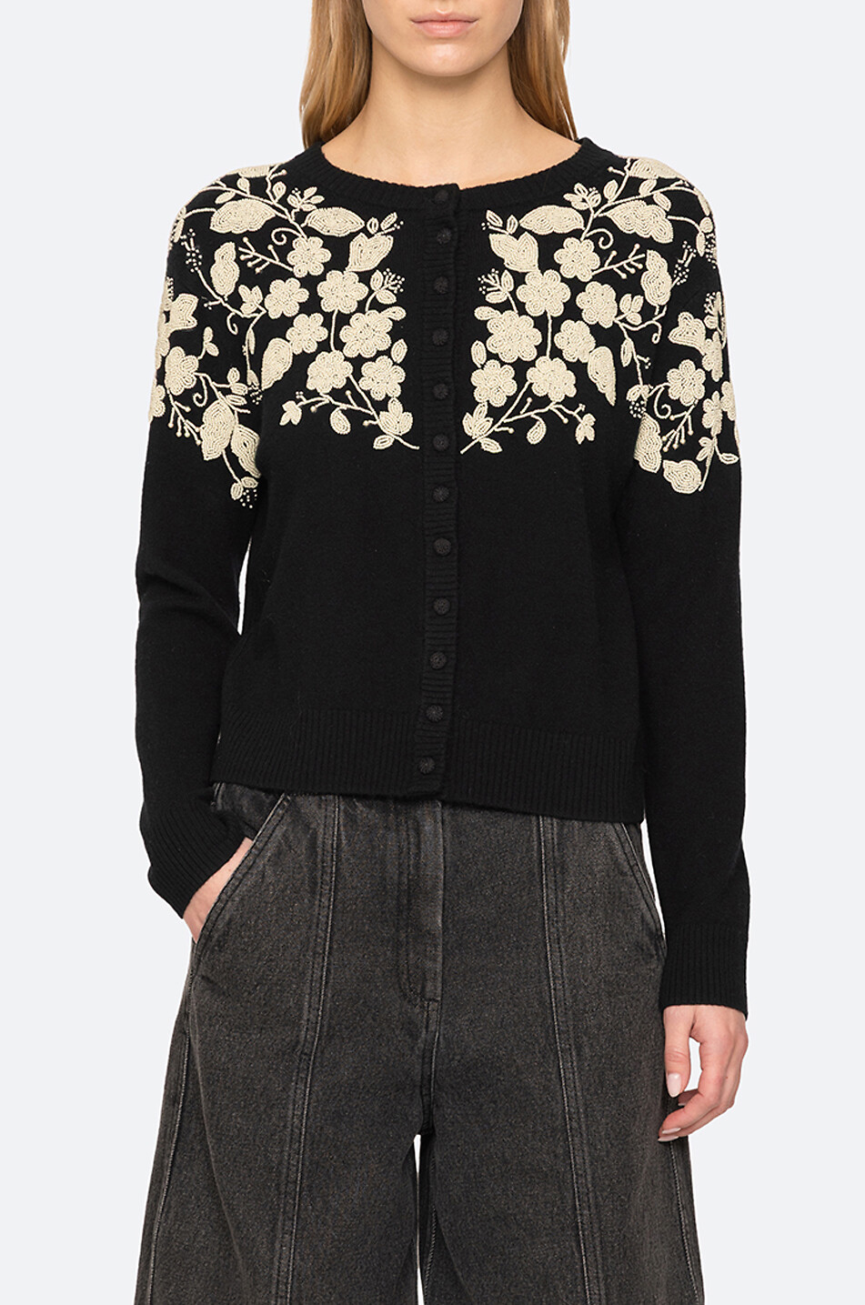 SEA Bestickter Cardigan mit Rundhalsausschnitt aus Wolle Shiloh Damen SCHWARZ 5