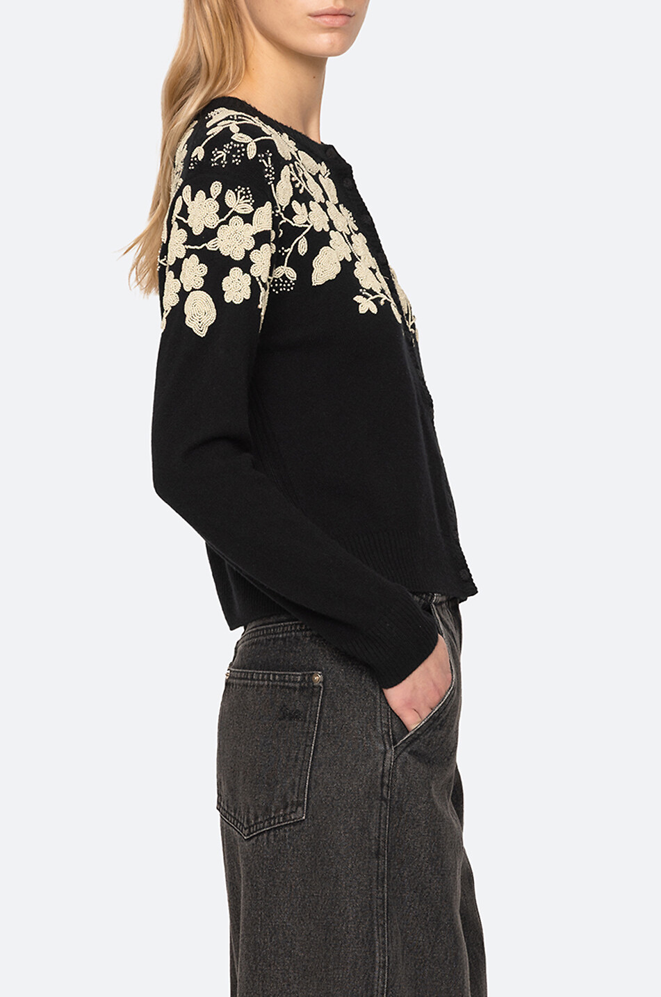 SEA Bestickter Cardigan mit Rundhalsausschnitt aus Wolle Shiloh Damen SCHWARZ 6