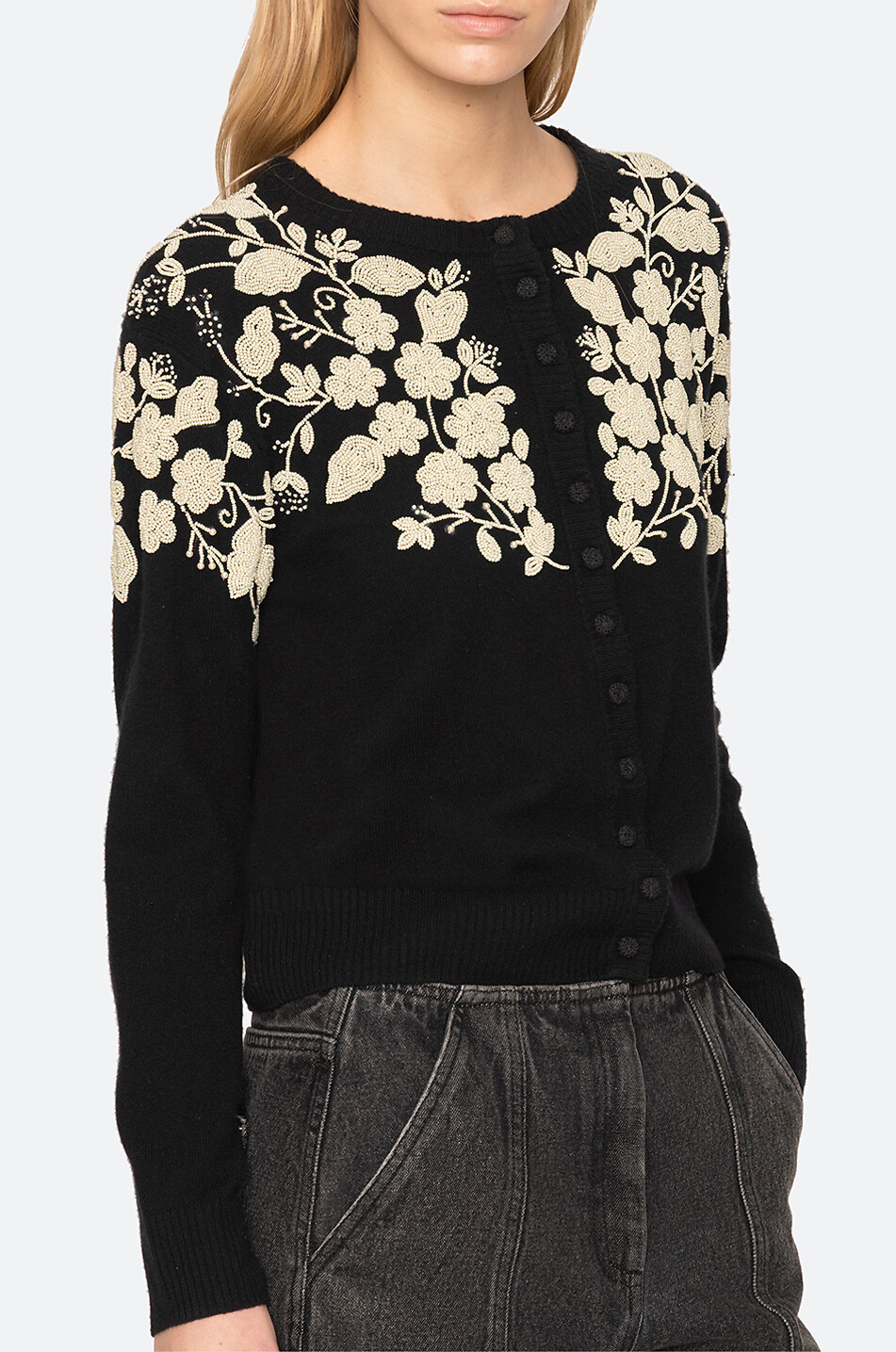SEA Bestickter Cardigan mit Rundhalsausschnitt aus Wolle Shiloh Damen SCHWARZ 4