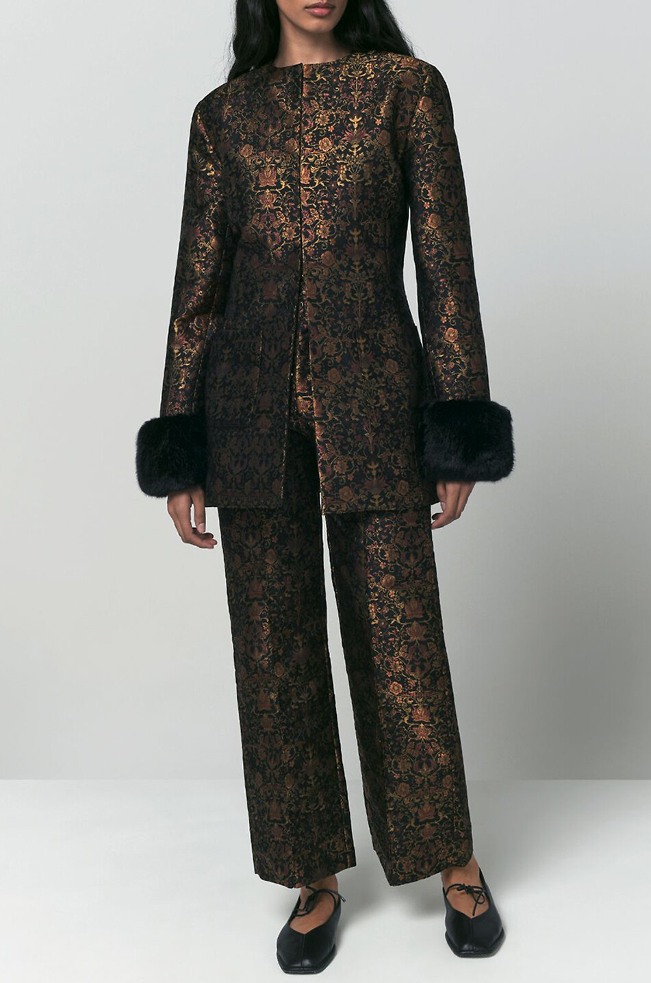 DESTREE Yoshitomo Garden metallic floral jacquard straight-leg trousers Women DARK BROWN 2