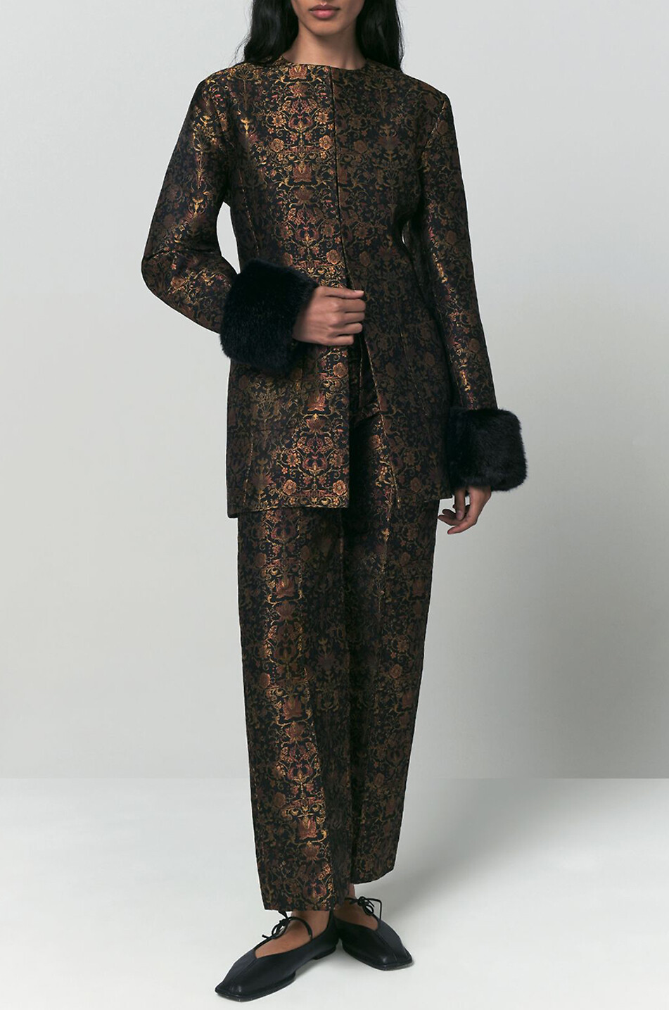DESTREE Yoshitomo Garden metallic floral jacquard straight-leg trousers Women DARK BROWN 3