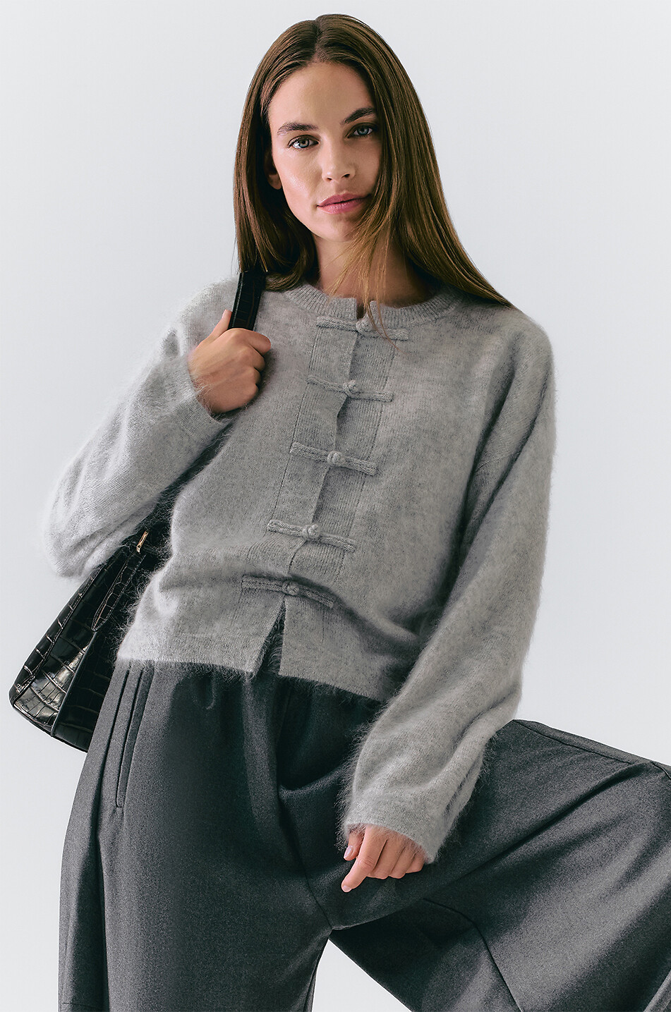 BONGENIE Chiné-Cardigan mit Rundhalsausschnitt aus Kaschmir und Seide Damen HELLGRAU 3